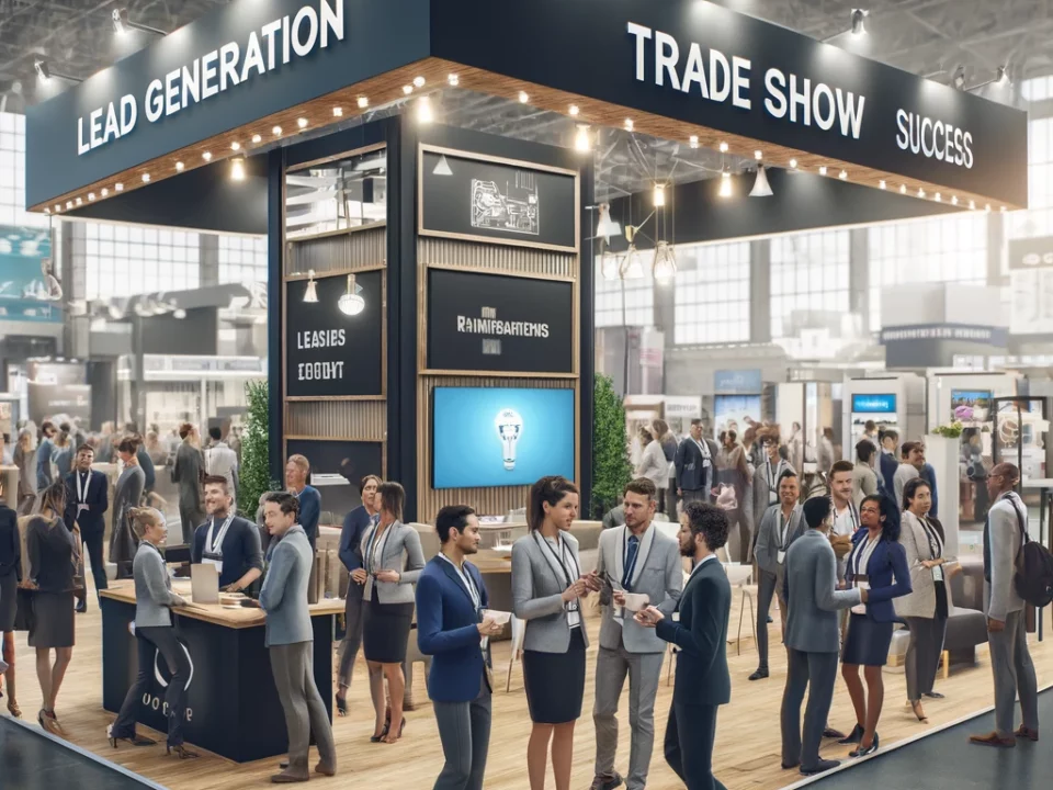 Hier sieht man ein KI-erstelltes Bild, das eine Messe zeigt. Die Messe hat eine dynamische Stimmung und es wird viel Leadcapturing betrieben. Somit passt es zu dem Thema des Blog-Artikels: Leadgenerierung auf Messen.
