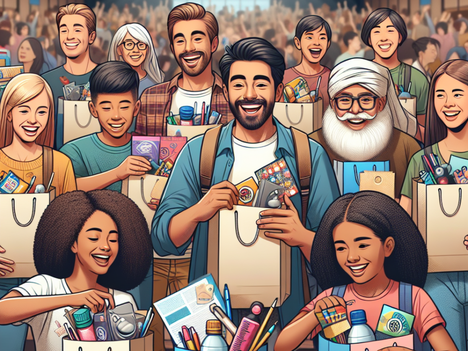 Ein animiertes Bild, auf dem man Teilnehmer eines Events sieht, die ein Goodie Bag erhalten