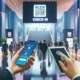 KI-erstelltes Bild, auf dem ein Eingang zu einem Event gezeigt wird und ein großer QR-Code mit "Check-in" und zwei Personen, die ihre mobilen Endgeräte nutzen, um sich bei dem Event einzulassen
