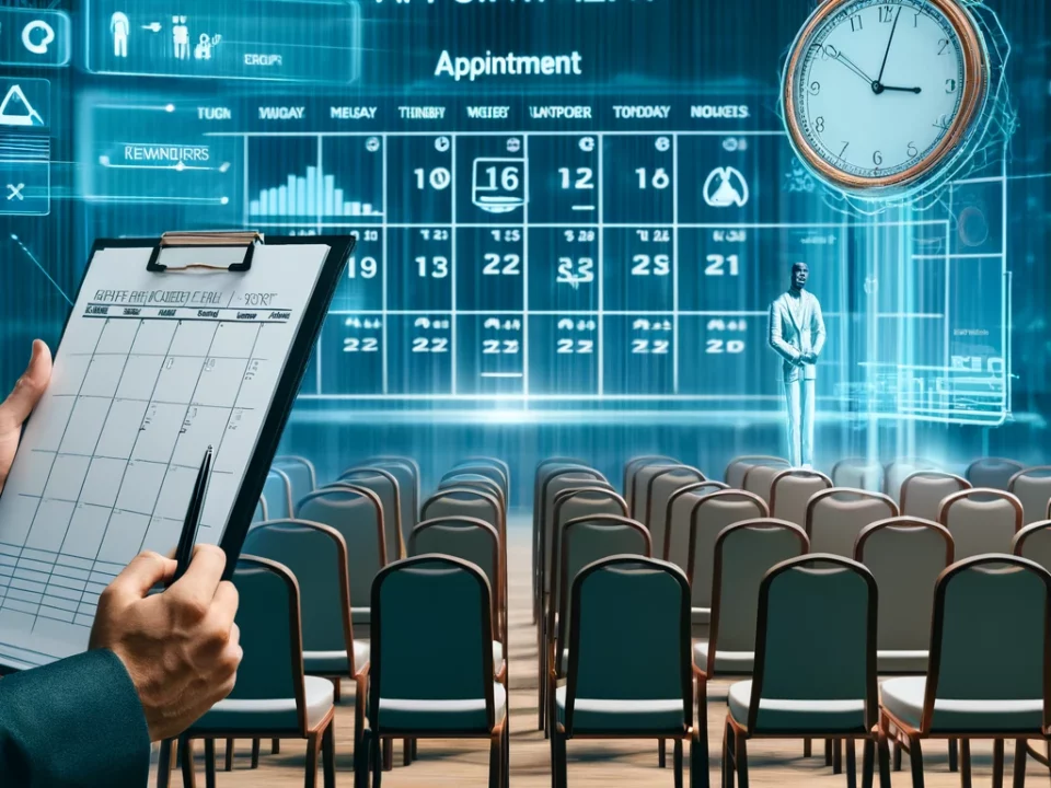 Das Bild zeigt einen professionellen Eventplaner, der mit einem Klemmbrett vor einem leeren Veranstaltungsort steht. Im Hintergrund sind eine Uhr und ein Kalender zu sehen, die die Bedeutung von Terminplänen hervorheben. Ein digitaler Bildschirm zeigt Erinnerungen und Benachrichtigungen, die Strategien zur Reduzierung von No Show Rate symbolisieren. Das Bild verdeutlicht den Einfluss von No-Shows in der Eventbranche und die Wichtigkeit einer effektiven Verwaltung.