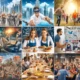 Dieses farbenfrohe und lebendige Bild zeigt eine Collage von Team-Building-Aktivitäten wie Schnitzeljagd, Kochkurs, Escape Room, Freiwilligentag, Outdoor-Abenteuer, Spieleabend, Firmenolympiade, Weinverkostung, Improvisationsworkshop und Büro-Trivia-Abend. Es fängt die Aufregung, den Teamgeist und den Spaß dieser Aktivitäten ein, mit lächelnden Mitarbeitern und lebhaften Umgebungen.