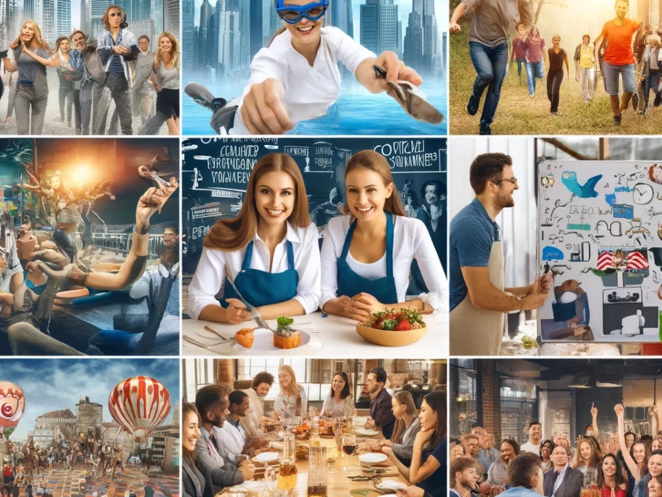 Dieses farbenfrohe und lebendige Bild zeigt eine Collage von Team-Building-Aktivitäten wie Schnitzeljagd, Kochkurs, Escape Room, Freiwilligentag, Outdoor-Abenteuer, Spieleabend, Firmenolympiade, Weinverkostung, Improvisationsworkshop und Büro-Trivia-Abend. Es fängt die Aufregung, den Teamgeist und den Spaß dieser Aktivitäten ein, mit lächelnden Mitarbeitern und lebhaften Umgebungen.