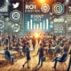 Konferenzszene mit vielfältigen Teilnehmern, die sich vernetzen, mobile Event-Apps nutzen und an Sitzungen teilnehmen. Im Hintergrund sind Event-Banner und Social-Media-Icons zu sehen. Ein Diagramm zeigt Leistungskennzahlen (KPIs) wie Event-ROI, Teilnehmerzahl und Social-Media-Engagement. Die Atmosphäre ist professionell und dynamisch, was den Erfolg der Veranstaltung hervorhebt.