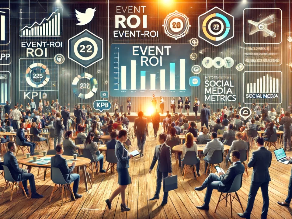 Konferenzszene mit vielfältigen Teilnehmern, die sich vernetzen, mobile Event-Apps nutzen und an Sitzungen teilnehmen. Im Hintergrund sind Event-Banner und Social-Media-Icons zu sehen. Ein Diagramm zeigt Leistungskennzahlen (KPIs) wie Event-ROI, Teilnehmerzahl und Social-Media-Engagement. Die Atmosphäre ist professionell und dynamisch, was den Erfolg der Veranstaltung hervorhebt.