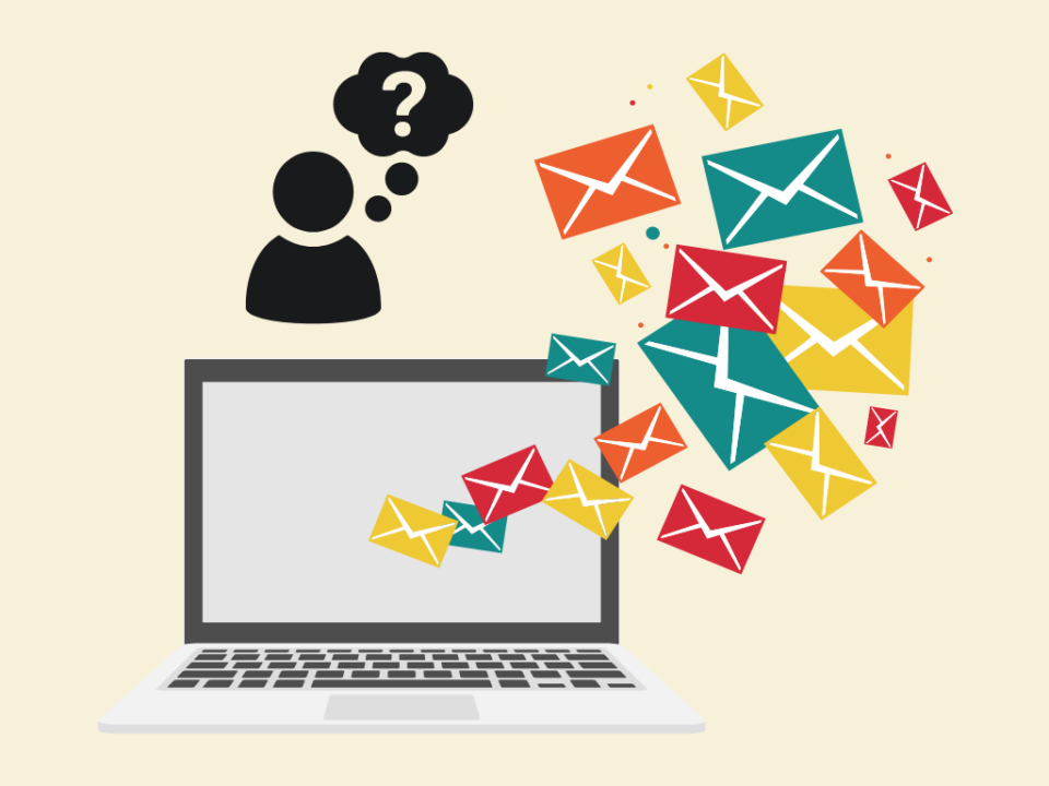 Hier sieht man eine Grafik, auf der jemand sich fragt, wie er den perfekten E-Mail Leitfaden für sein Event erstellen soll. Es fliegen viele E-Mail Icons durch das Bild.